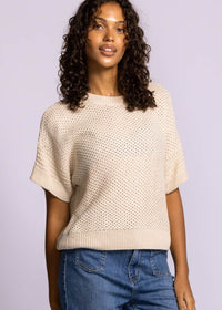 Pink Martini Gerda sweater off white cotton blend knit model view Lemonberry Aurora