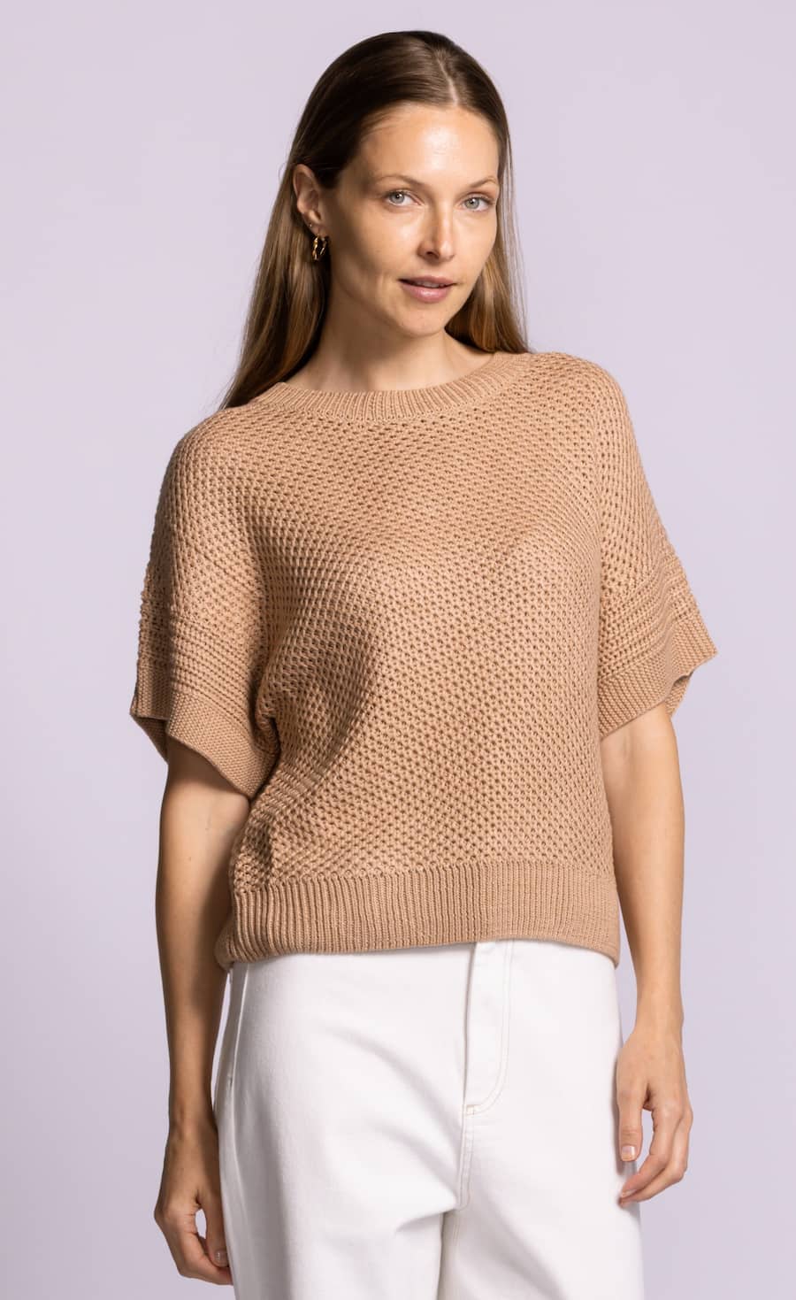 Pink Martini Gerda sweater taupe cotton blend knit front view Lemonberry Aurora