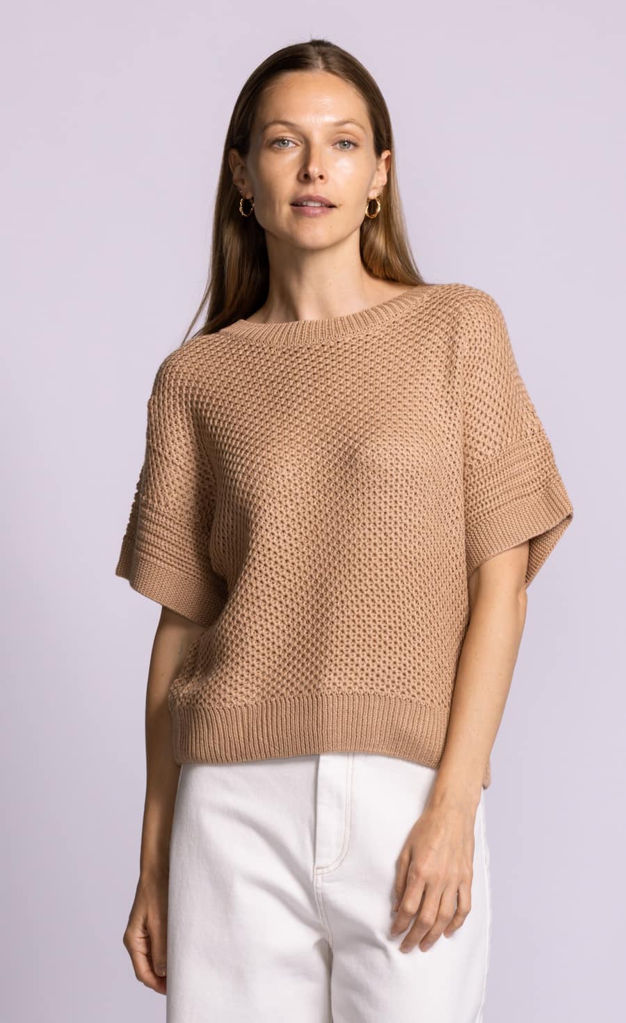 Pink Martini Gerda sweater taupe cotton blend knit model view Lemonberry Aurora