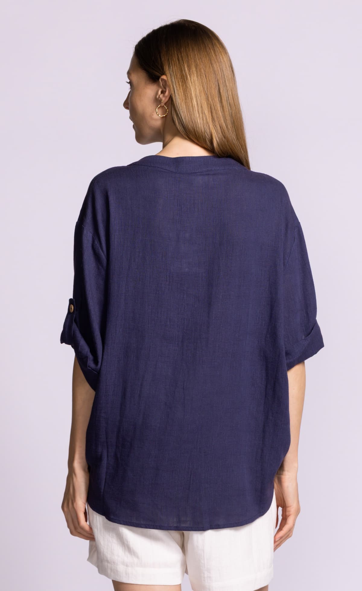 Pink Martini Gigi top navy viscose linen blouse back view Lemonberry Aurora