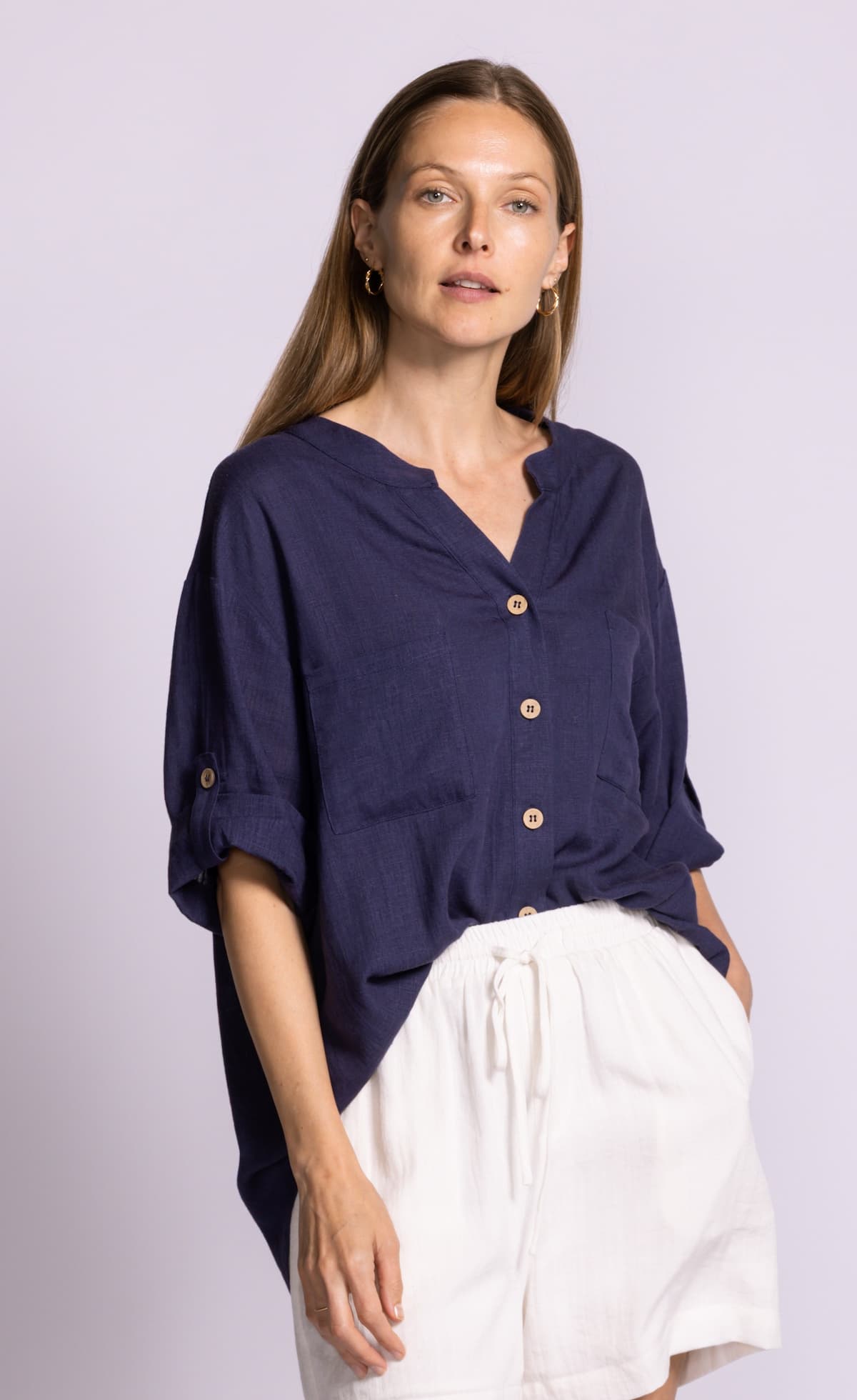 Pink Martini Gigi top navy viscose linen button front blouse detail Lemonberry Aurora