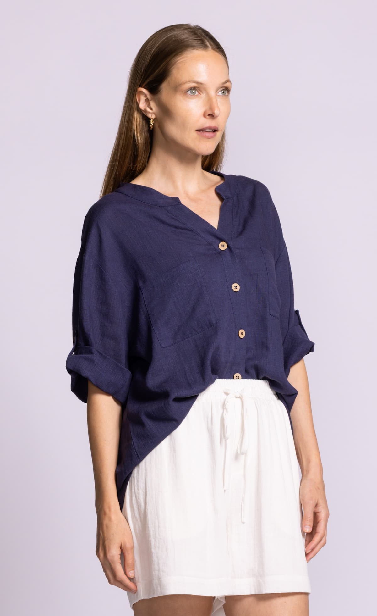 Pink Martini Gigi top navy viscose linen blouse model view Lemonberry Aurora