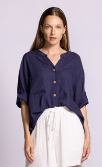 Pink Martini Gigi top navy relaxed blouse front view Lemonberry Aurora