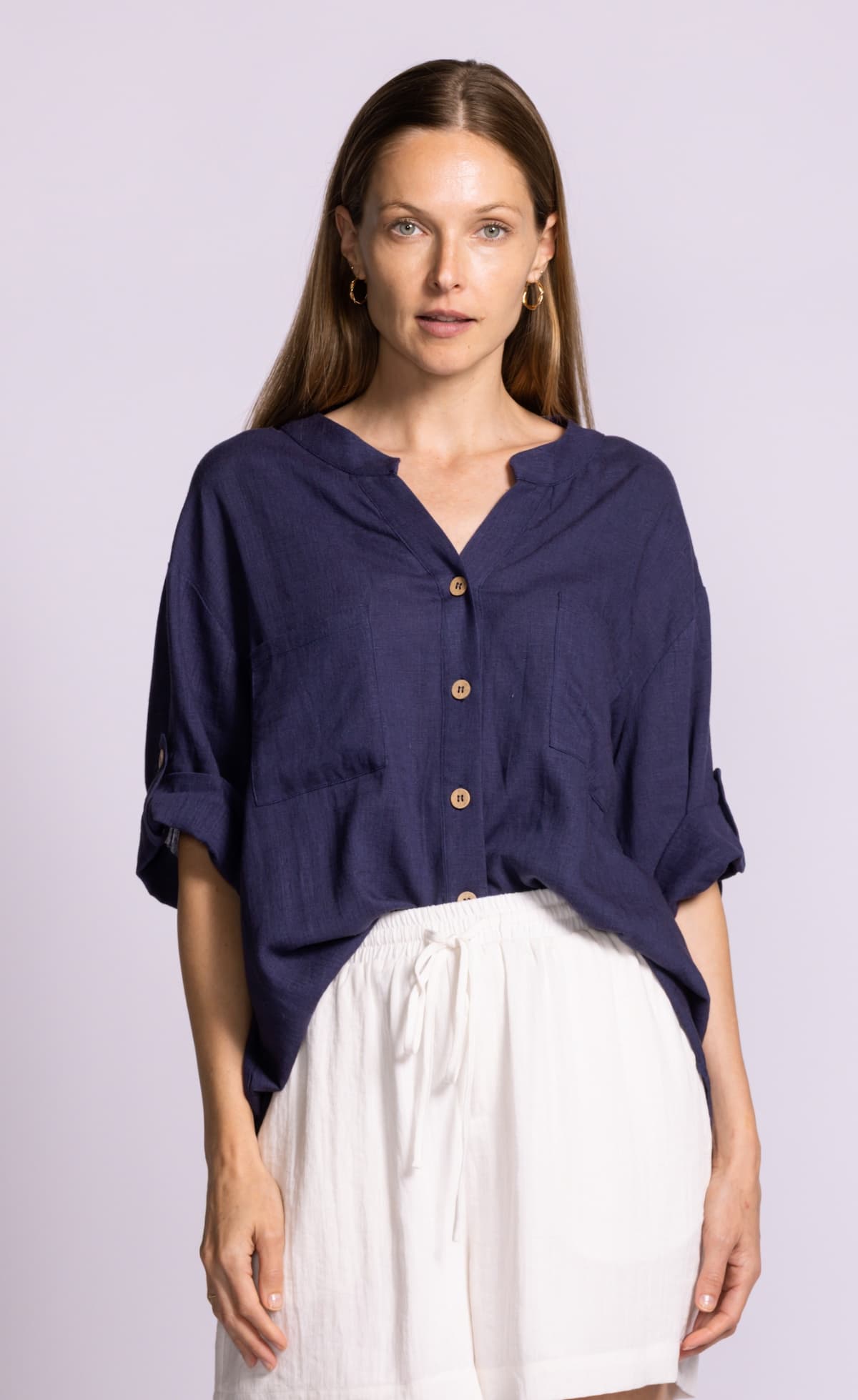 Pink Martini Gigi top navy relaxed blouse front view Lemonberry Aurora