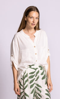 Pink Martini Gigi top white viscose linen blouse model view Lemonberry Aurora