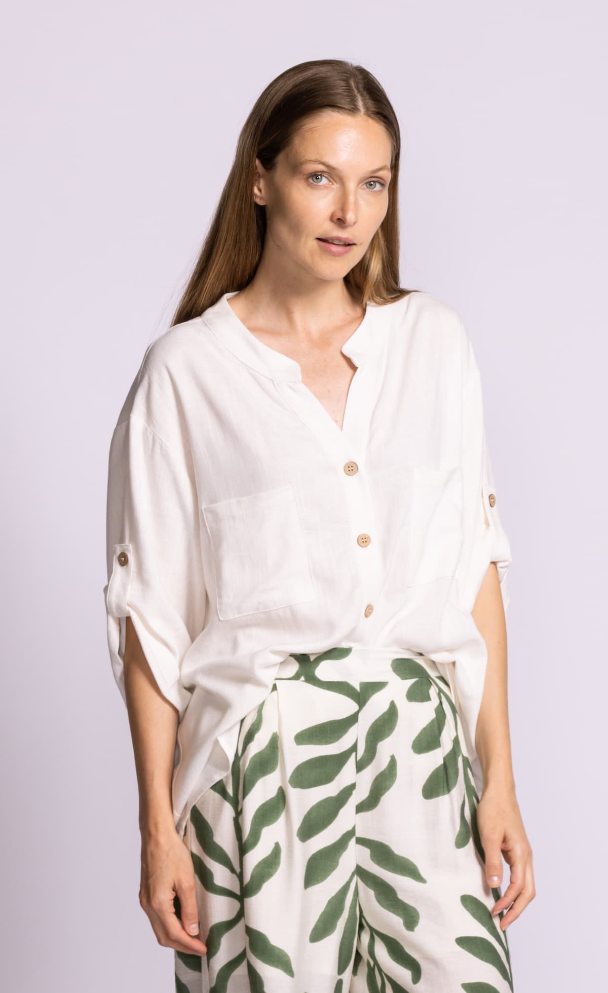 Pink Martini Gigi top white viscose linen blouse model view Lemonberry Aurora