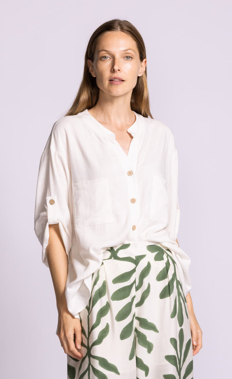 Pink Martini Gigi linen-blend blouse in White, front view