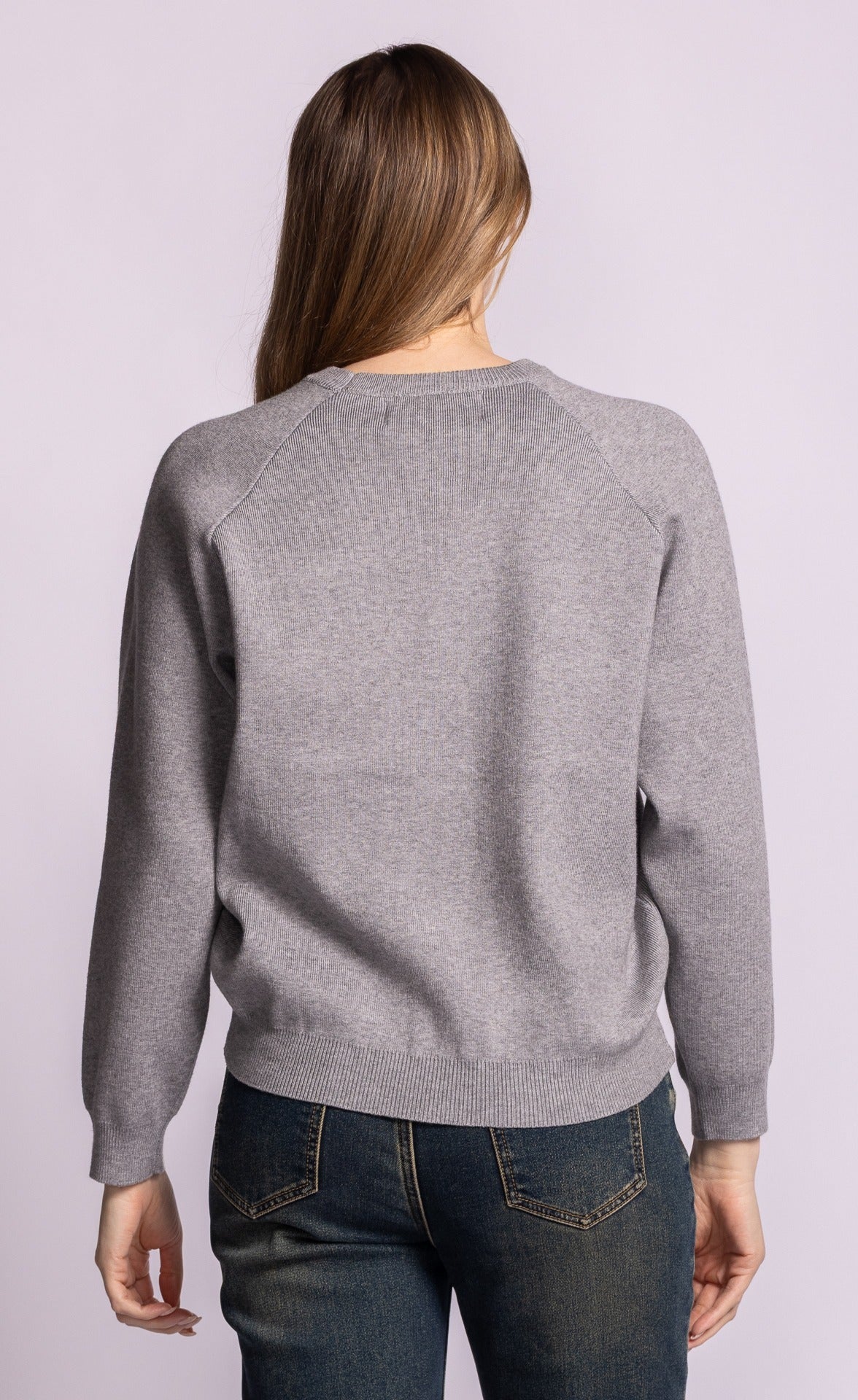 Pink Martini Good Vibes grey sweater, back view showing raglan sleeves