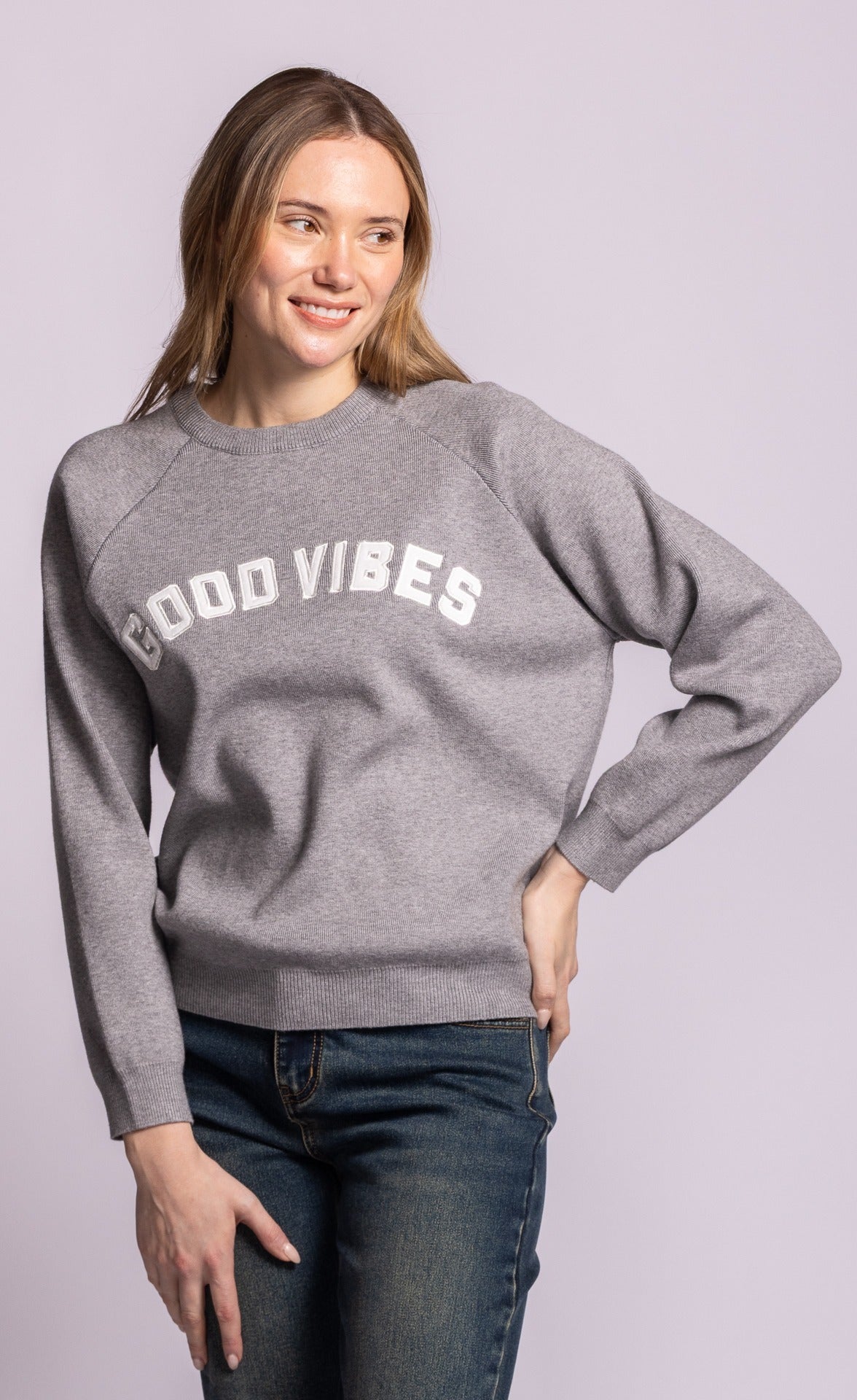 Pink Martini Good Vibes grey sweater, alternate front view