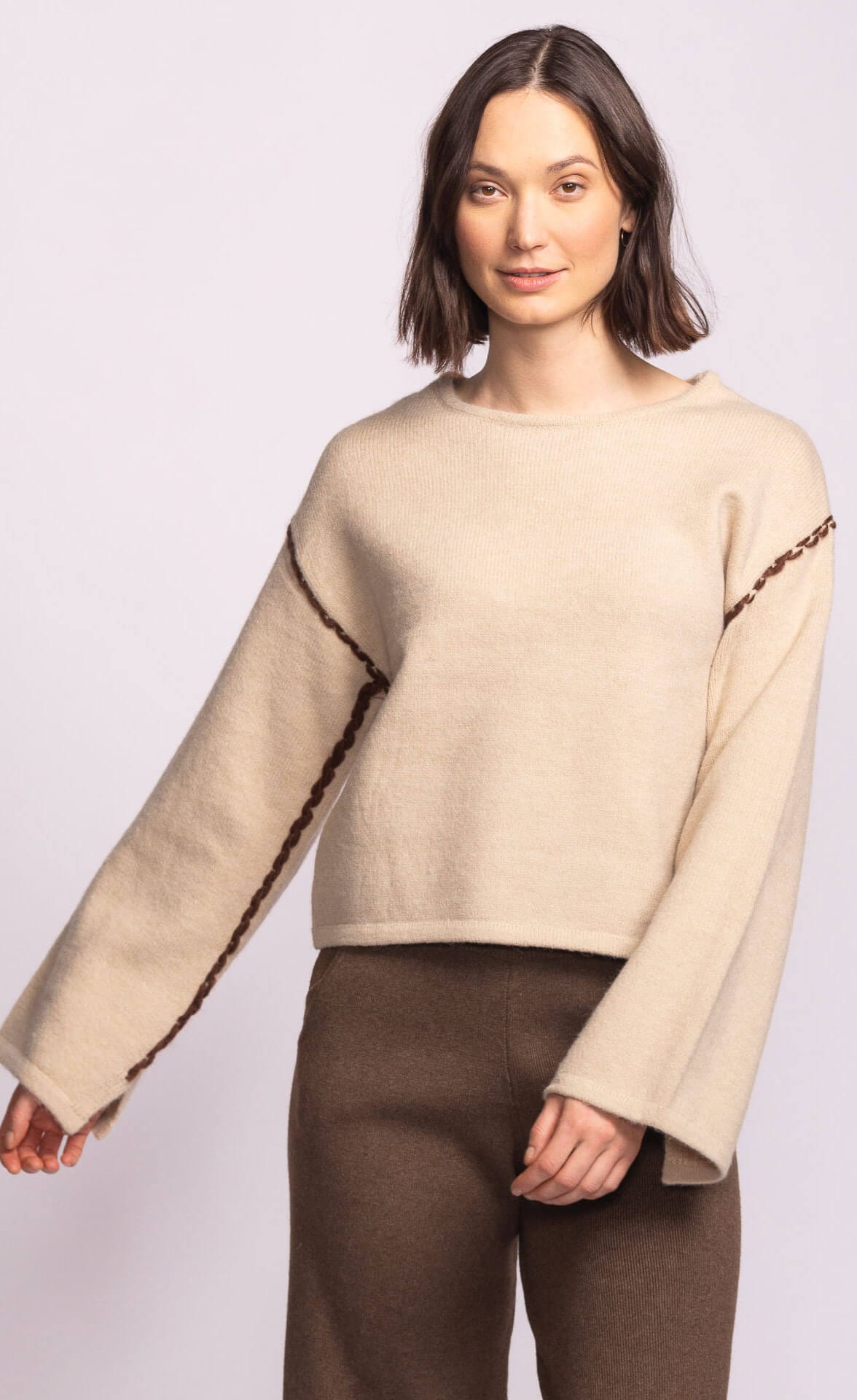 Pink Martini Tops Pink Martini Grenola Sweater – Beige Contrast Stitch available at Lemonberry Boutique Aurora