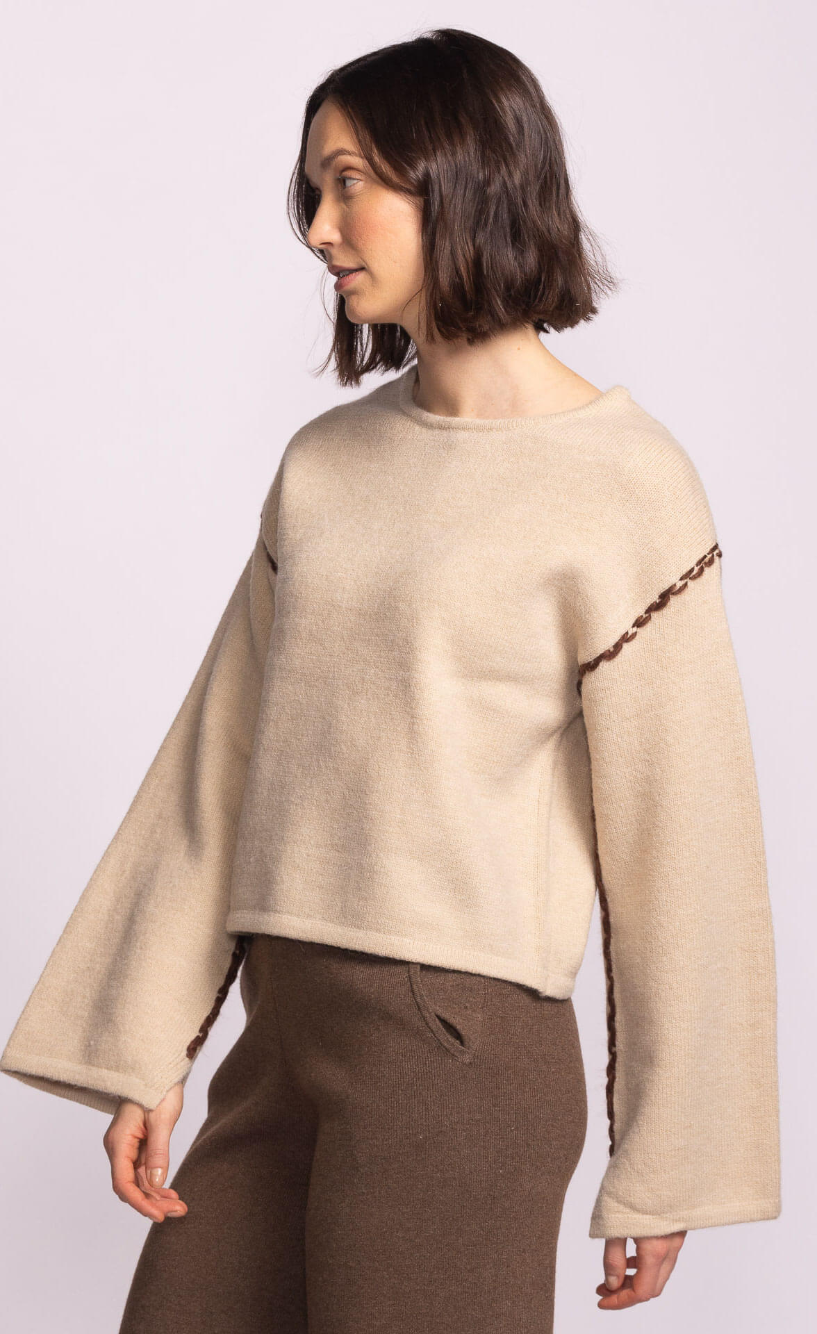 Pink Martini Grenola Sweater in beige – side view on model, Lemonberry Newmarket fall outfit
