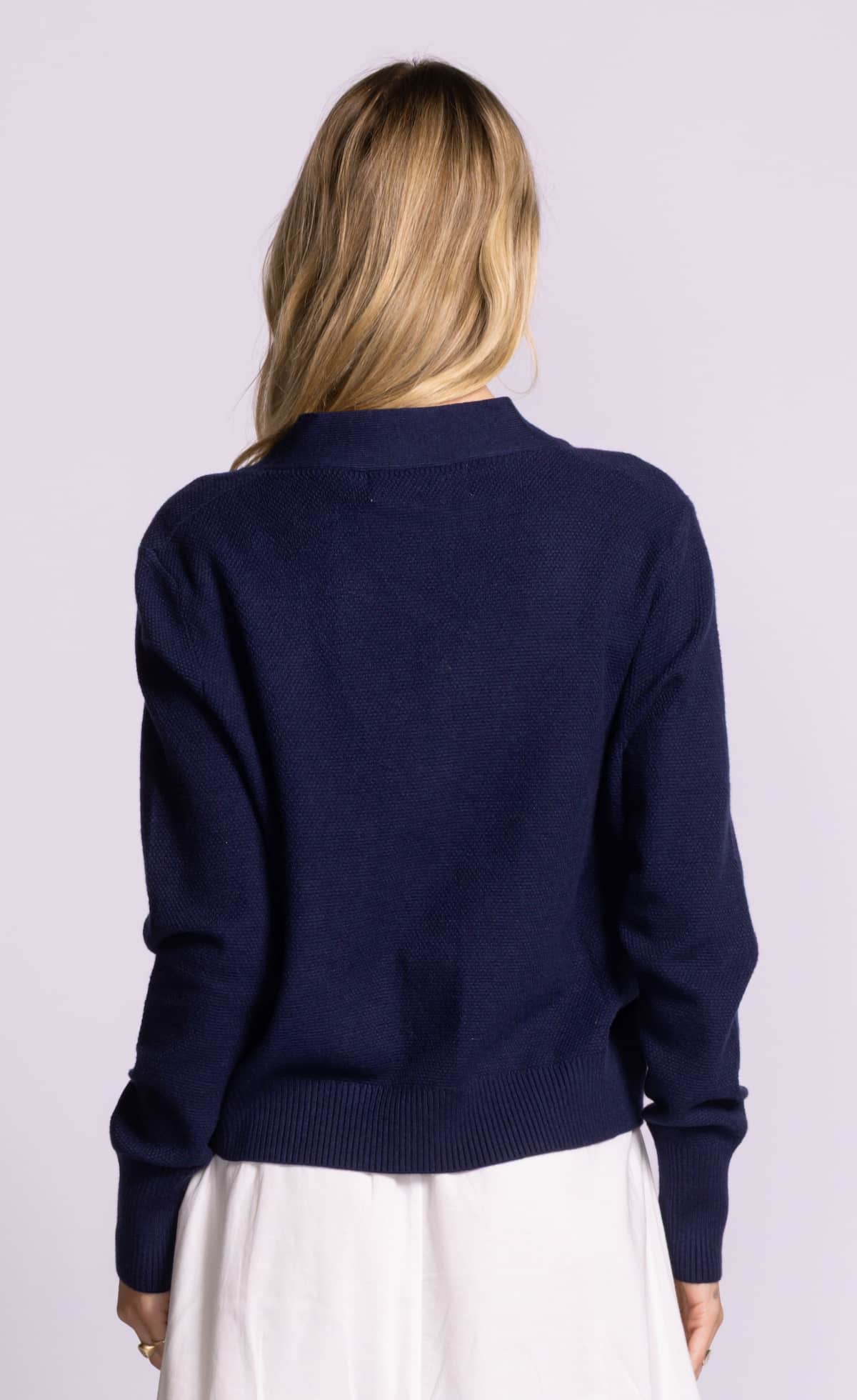 Pink Martini Hampton Cardigan navy V neck lightweight knit back view with ribbed hem at Lemonberry Aurora