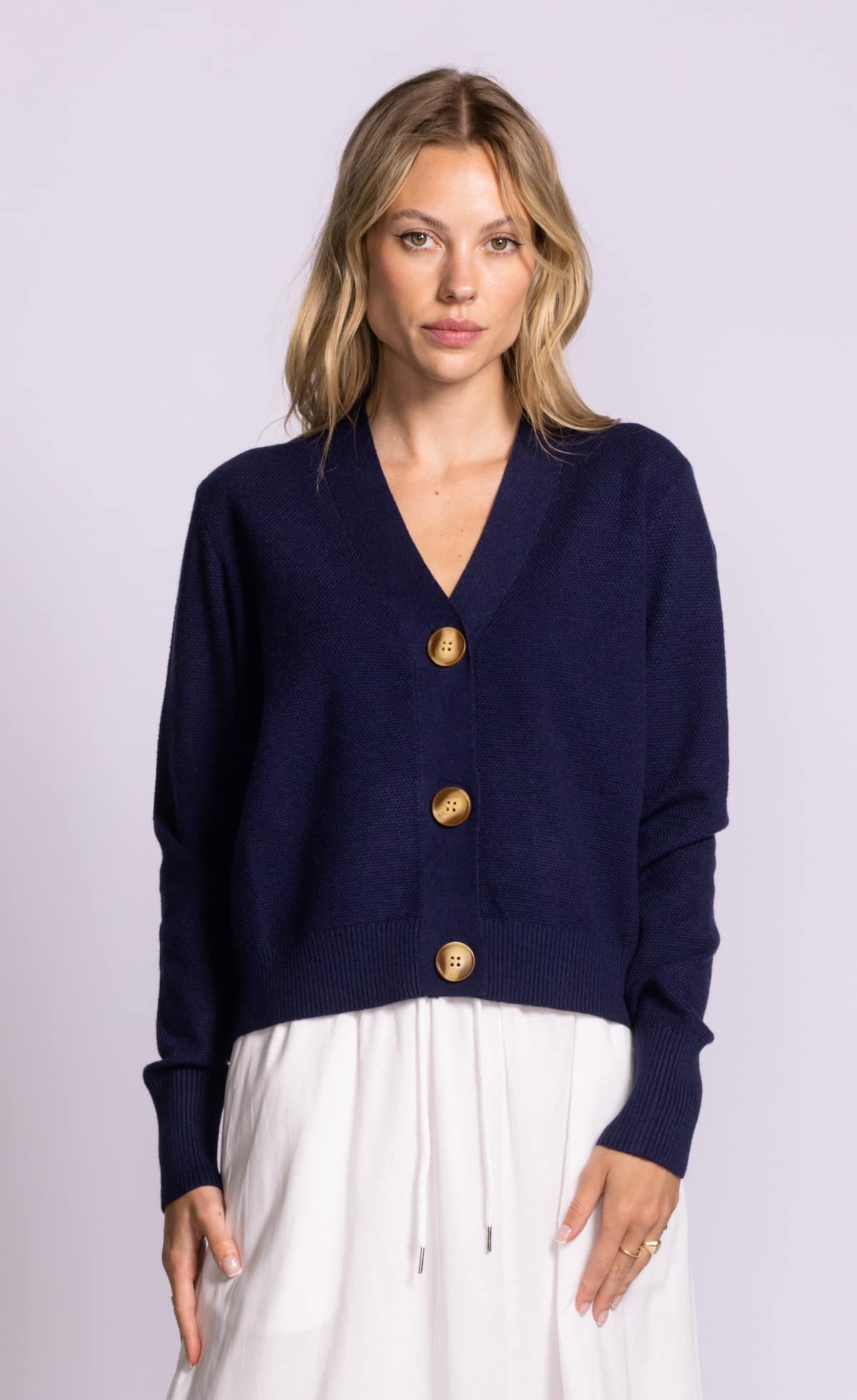 Pink Martini Hampton Cardigan navy V neck button front lightweight knit with oversized buttons Lemonberry Aurora