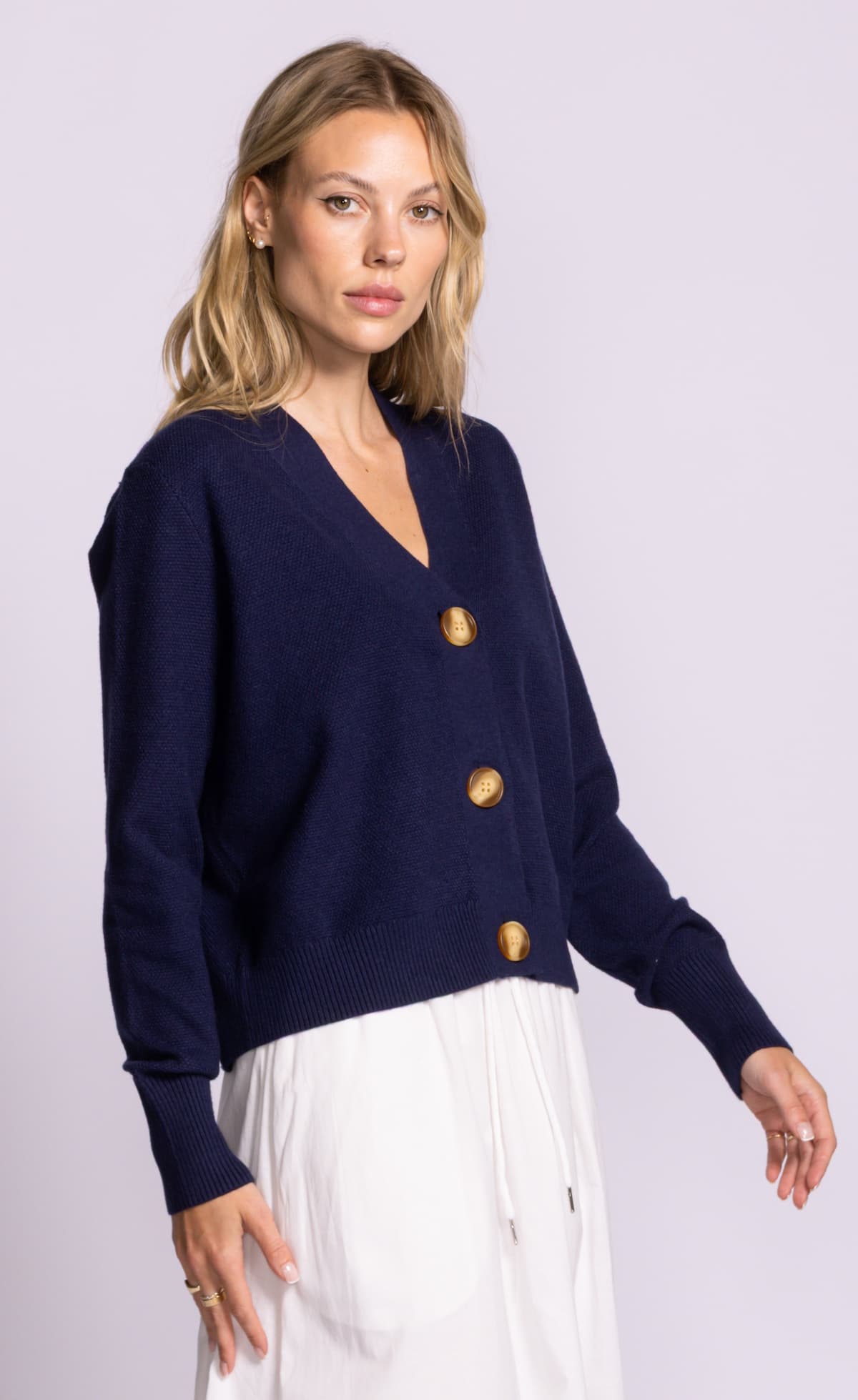 Pink Martini Hampton Cardigan navy lightweight textured knit side profile with relaxed cropped fit Lemonberry Aurora