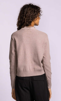 Pink Martini Hampton Cardigan taupe V neck lightweight knit back view with ribbed hem Lemonberry Aurora