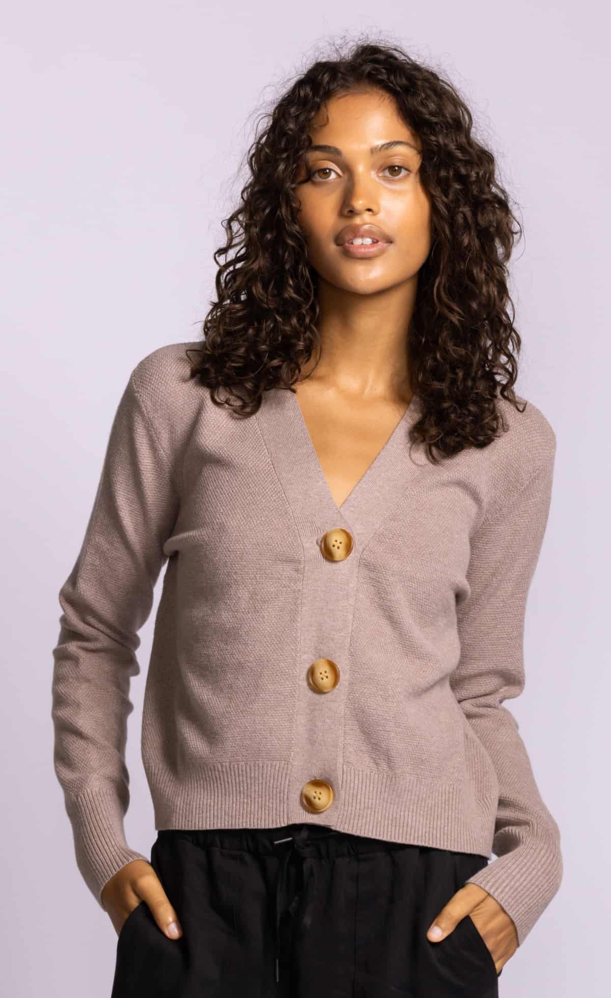 Pink Martini Hampton Cardigan taupe V neck button front lightweight knit with oversized buttons Lemonberry Aurora