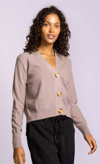 Pink Martini Hampton Cardigan taupe lightweight textured knit side profile with relaxed slightly cropped fit Lemonberry Aurora