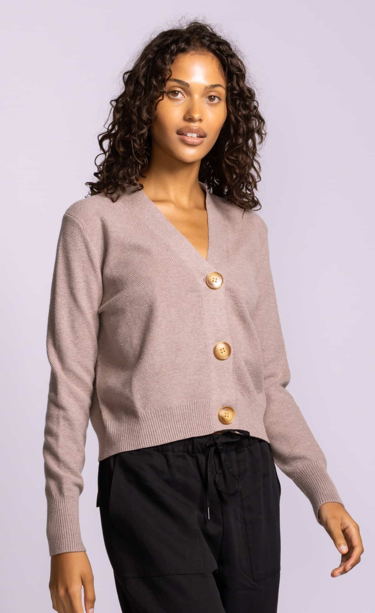 Pink Martini Hampton Cardigan taupe lightweight textured knit side profile with relaxed slightly cropped fit Lemonberry Aurora