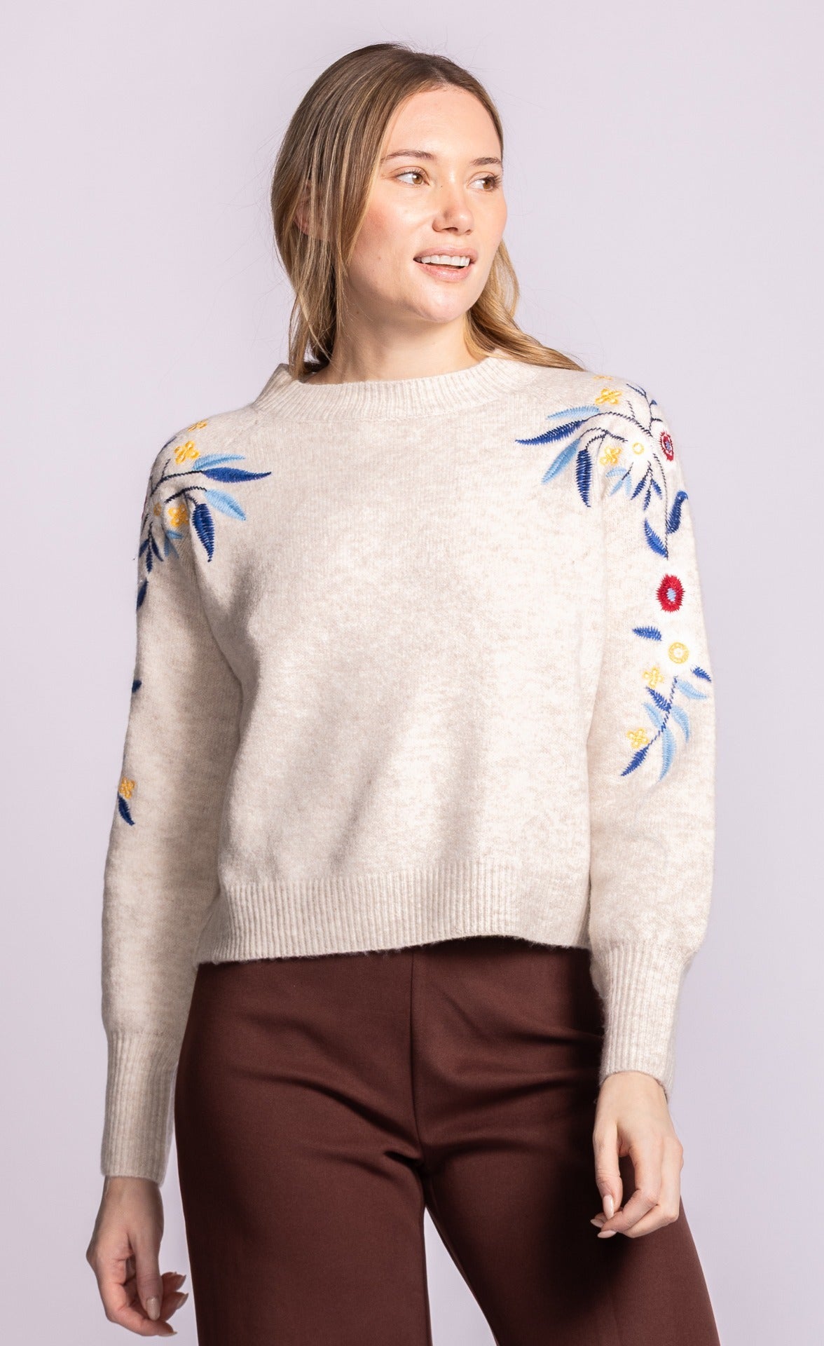 Pink Martini Holland light grey embroidered sweater, alternate front view