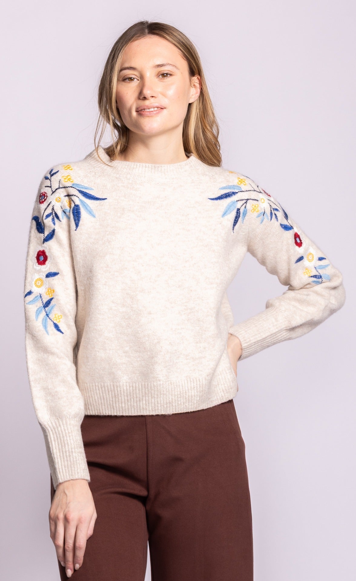 Pink Martini Holland light grey sweater with floral embroidery on shoulders and sleeves, front view