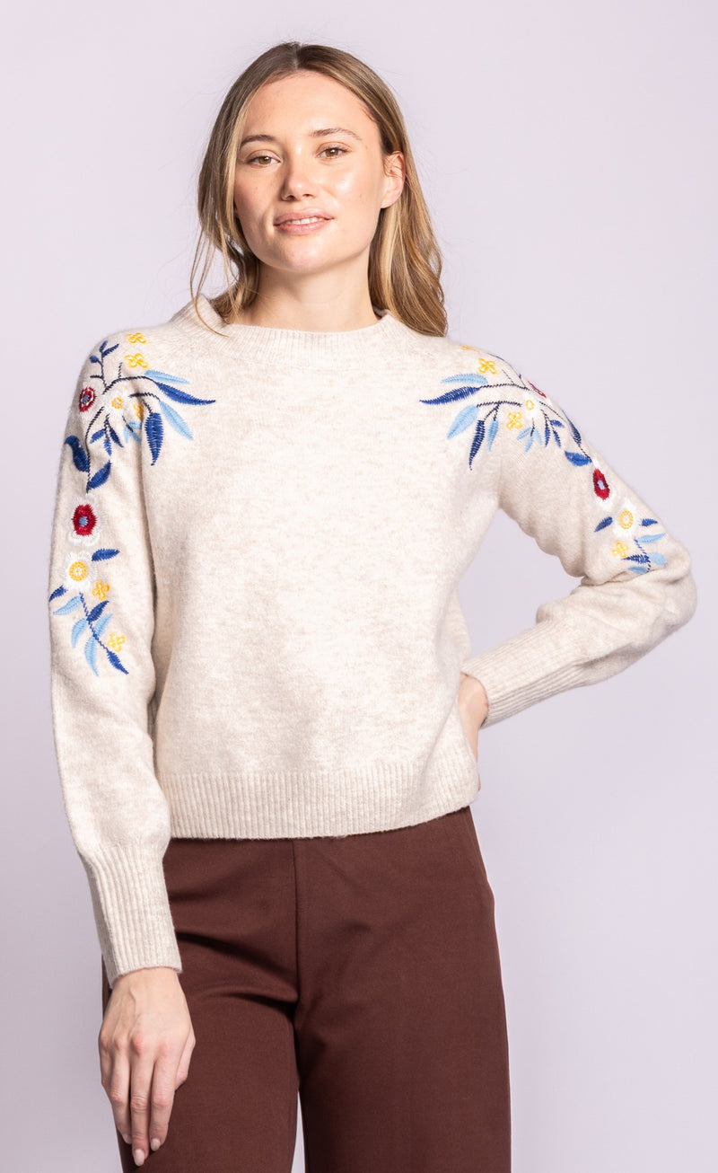 Pink Martini Holland light grey sweater with floral embroidery on shoulders and sleeves, front view