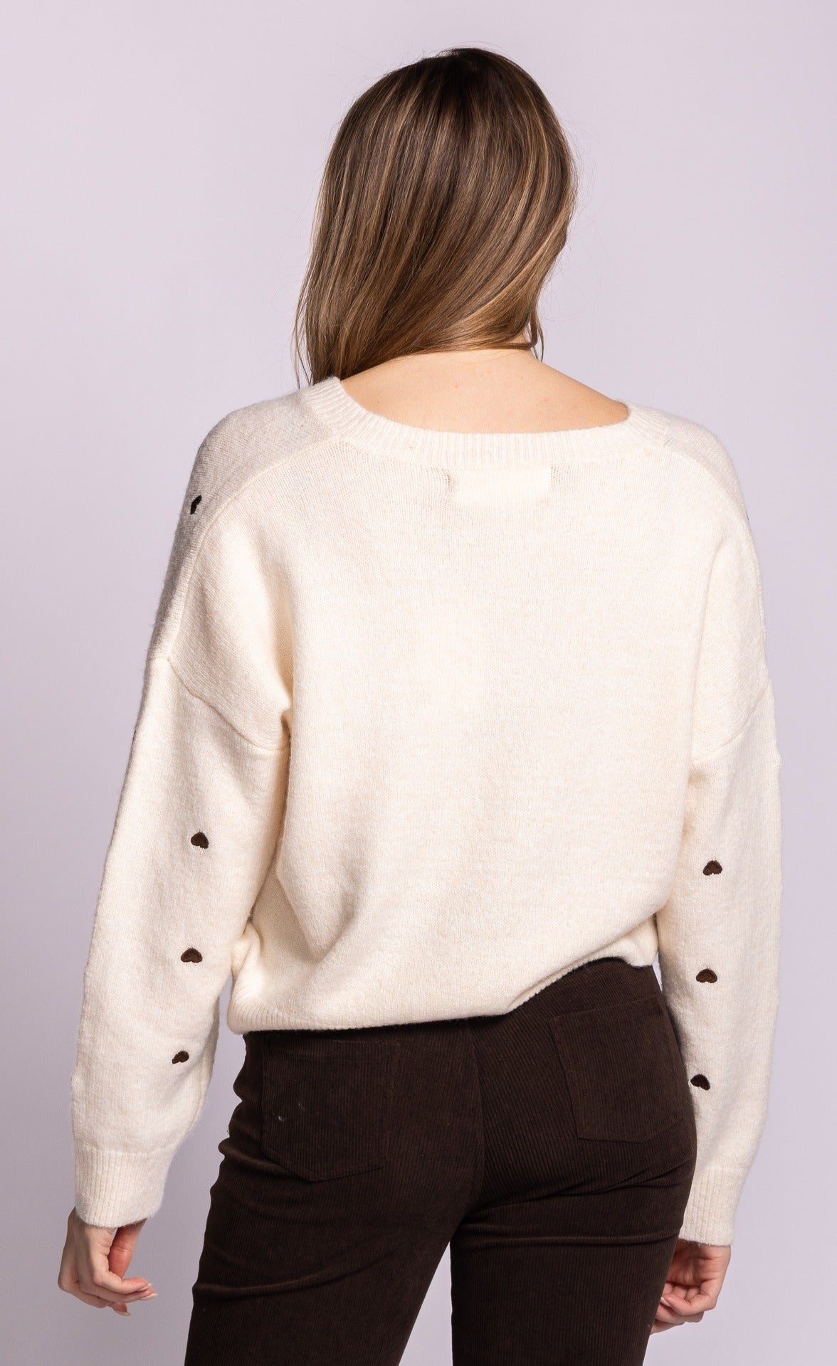 Pink Martini Inim heart V-neck sweater in beige back view