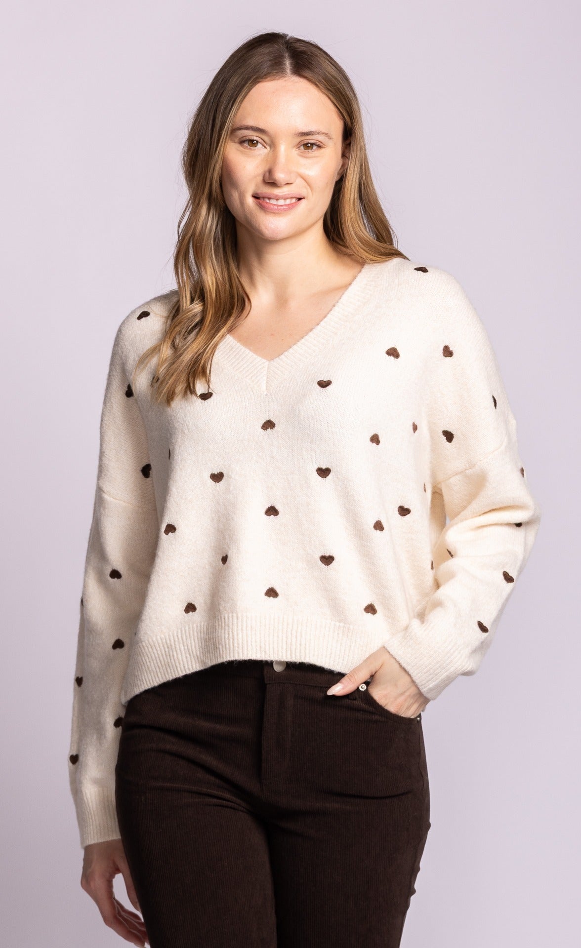 Pink Martini Inim heart V-neck sweater in beige front view
