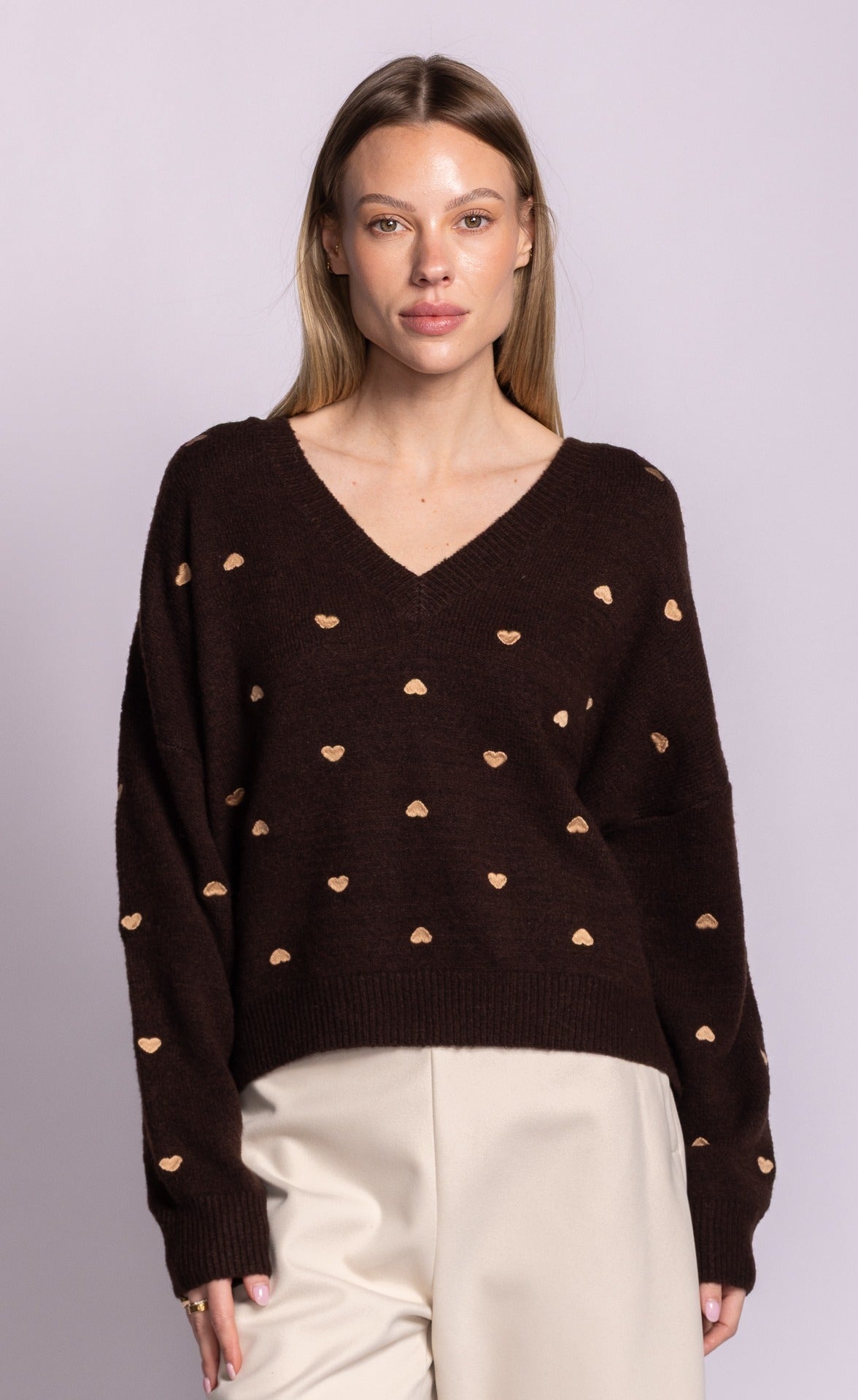 Pink Martini Inim heart V-neck sweater in brown front view