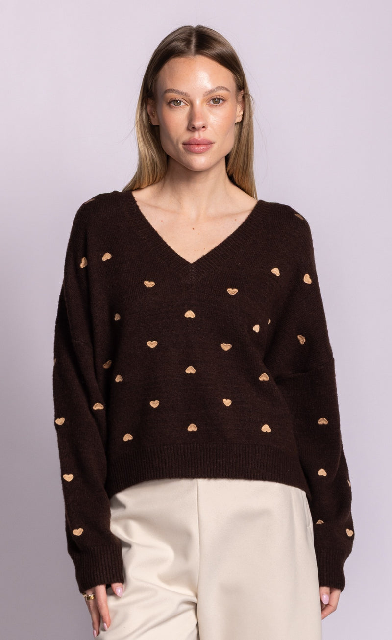 Pink Martini Inima heart V-neck sweater in brown front view