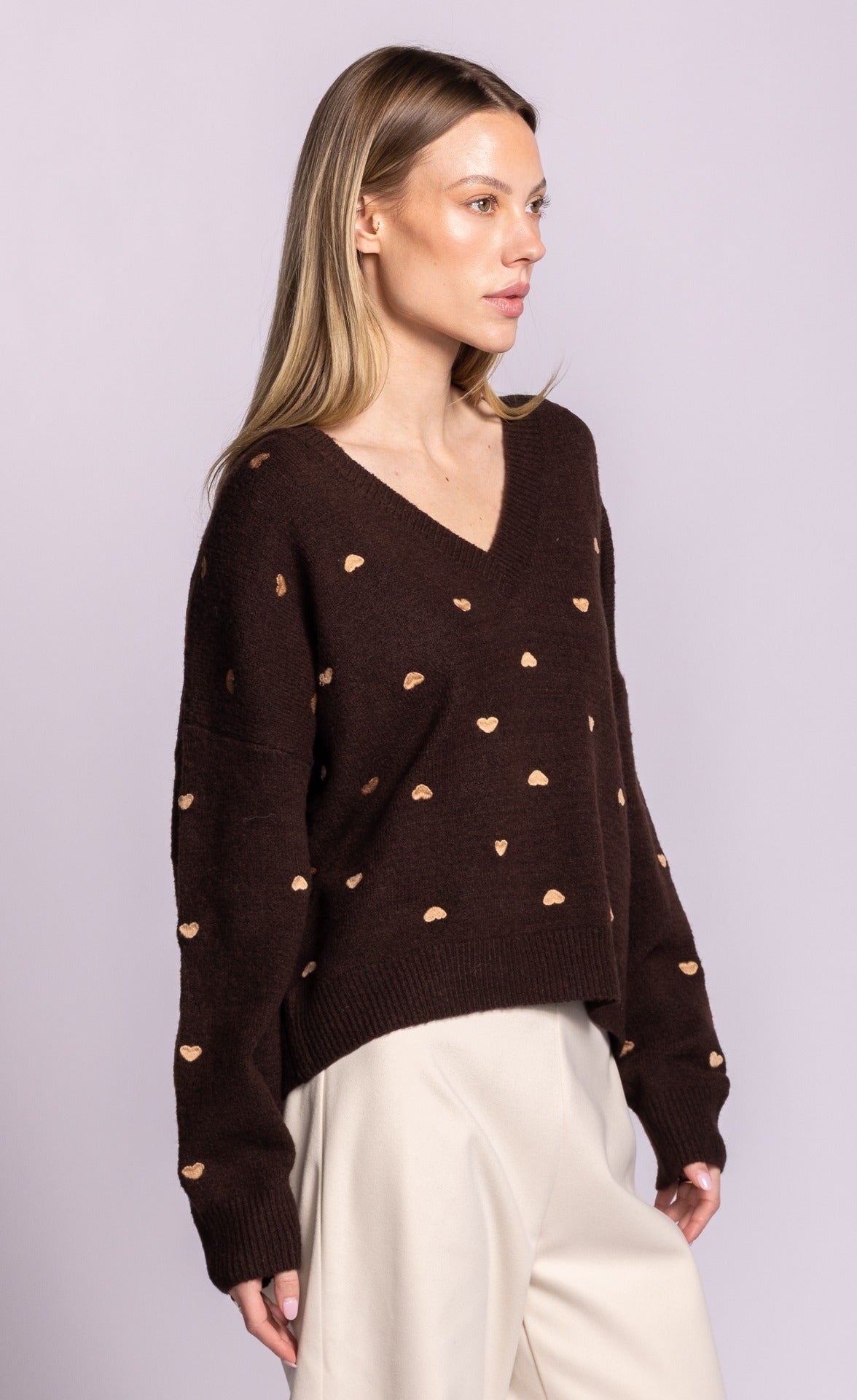 Pink Martini Inim heart V-neck sweater in brown side view