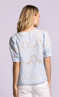 Pink martini jada palm print top blue back view Lemonberry Aurora