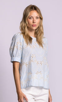 Pink Martini Jada palm print top blue front angle view Lemonberry Aurora