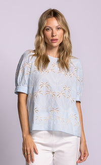 Pink Martini Jada palm print top blue front view Lemonberry Aurora