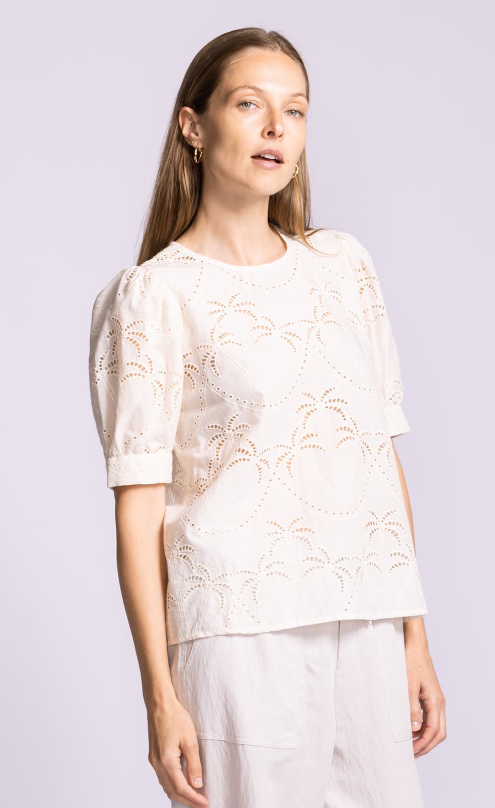 Pink Martini Jada palm print top white front angle view Lemonberry Aurora