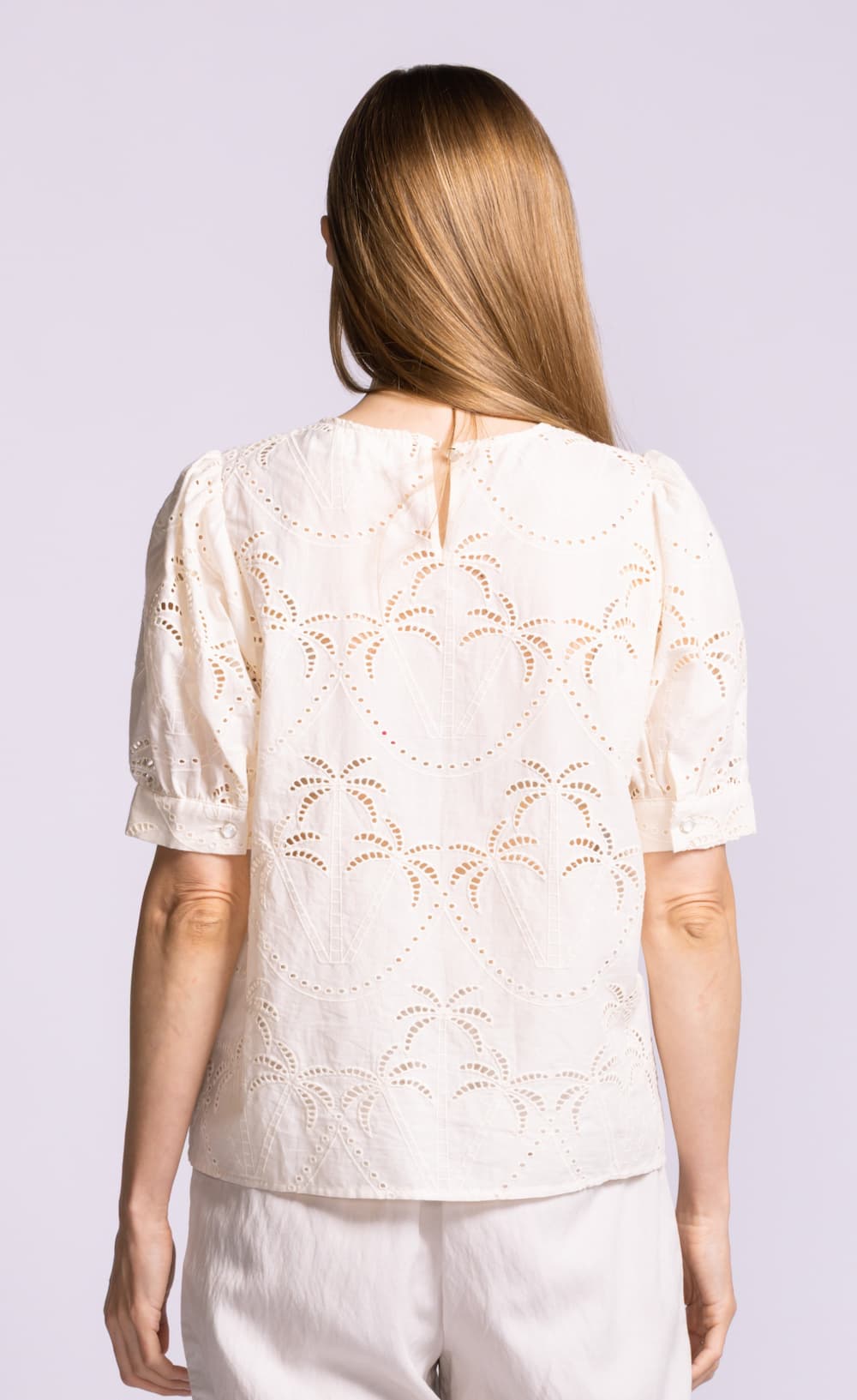 Pink martini jada palm print top white back view Lemonberry Aurora