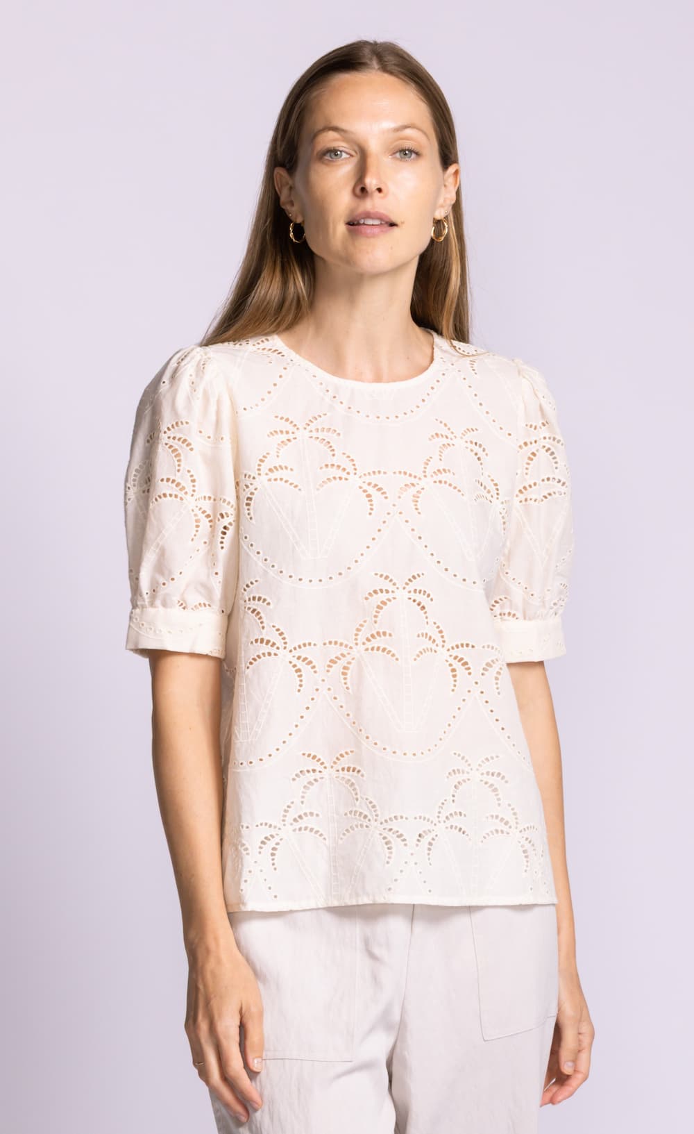 Pink Martini Jada palm print top white front view Lemonberry Aurora