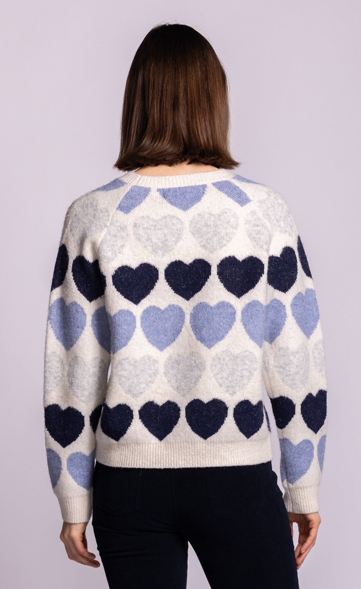 Pink Martini Kardia heart print sweater in blue back view