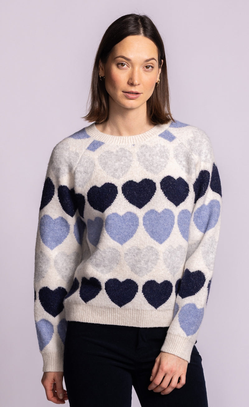Pink Martini Kardia heart print sweater in blue front view
