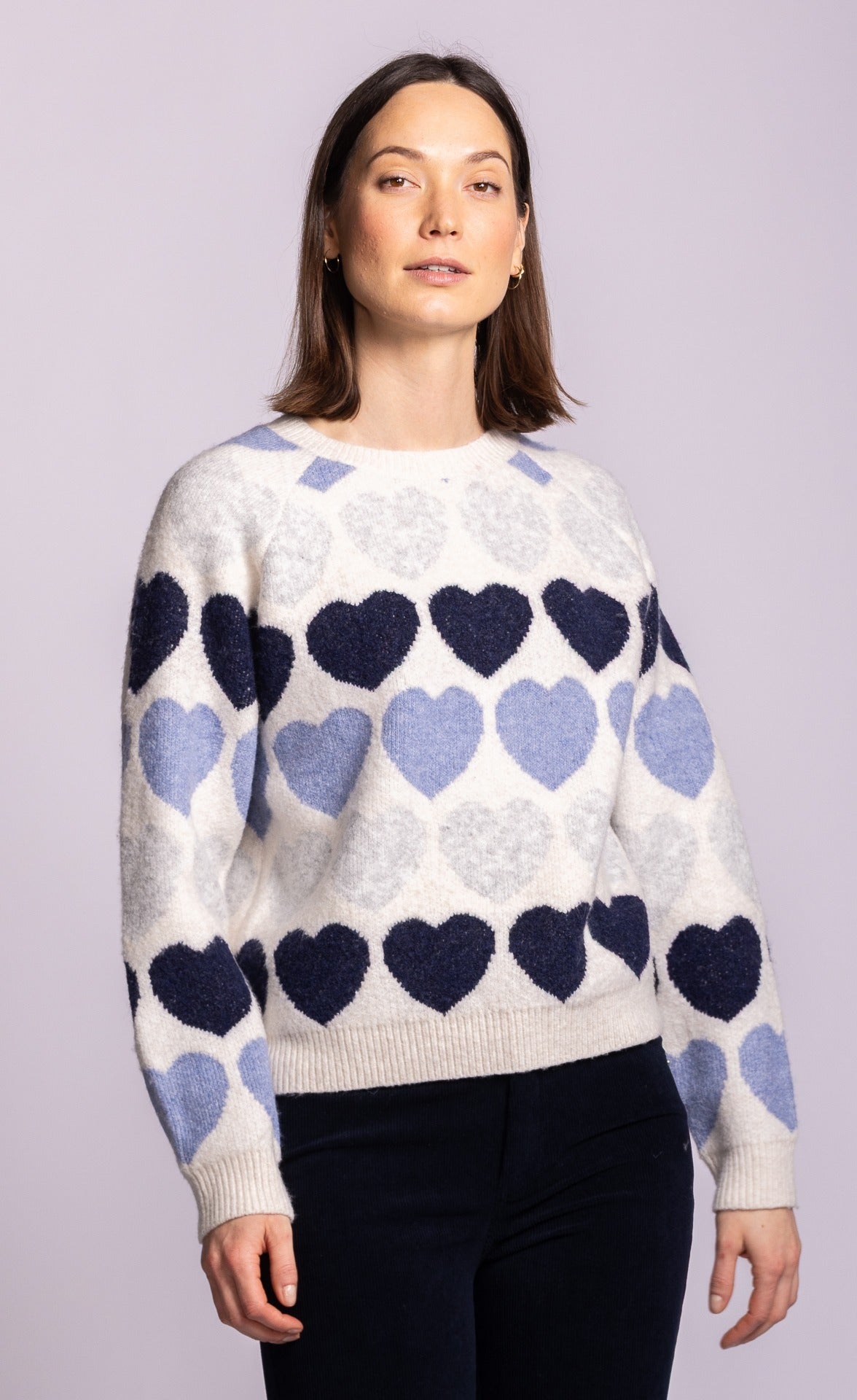 Pink Martini Kardia heart print sweater in blue side view