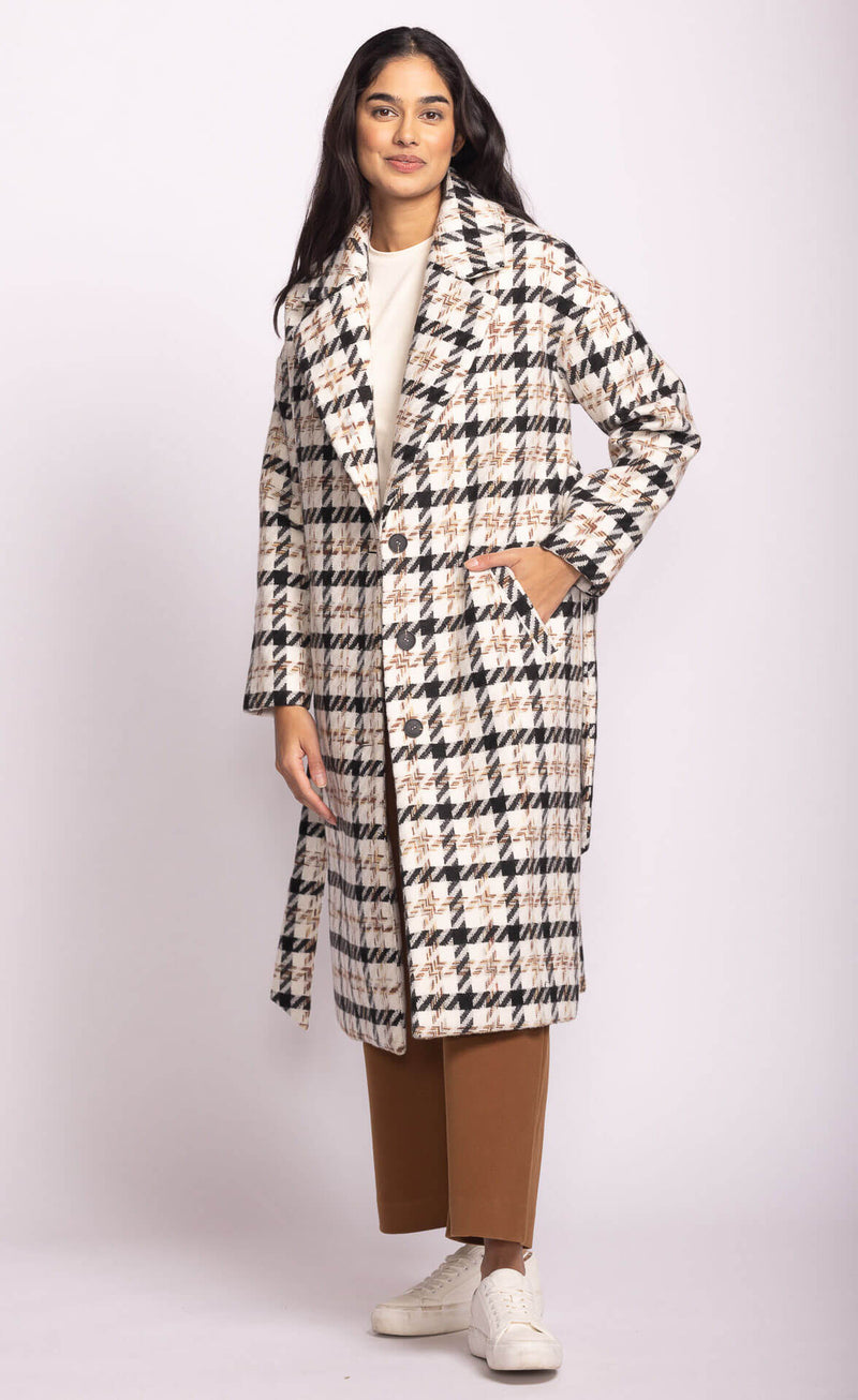 Pink Martini Kendree Coat in black plaid – front view on model, Lemonberry Boutique Aurora.