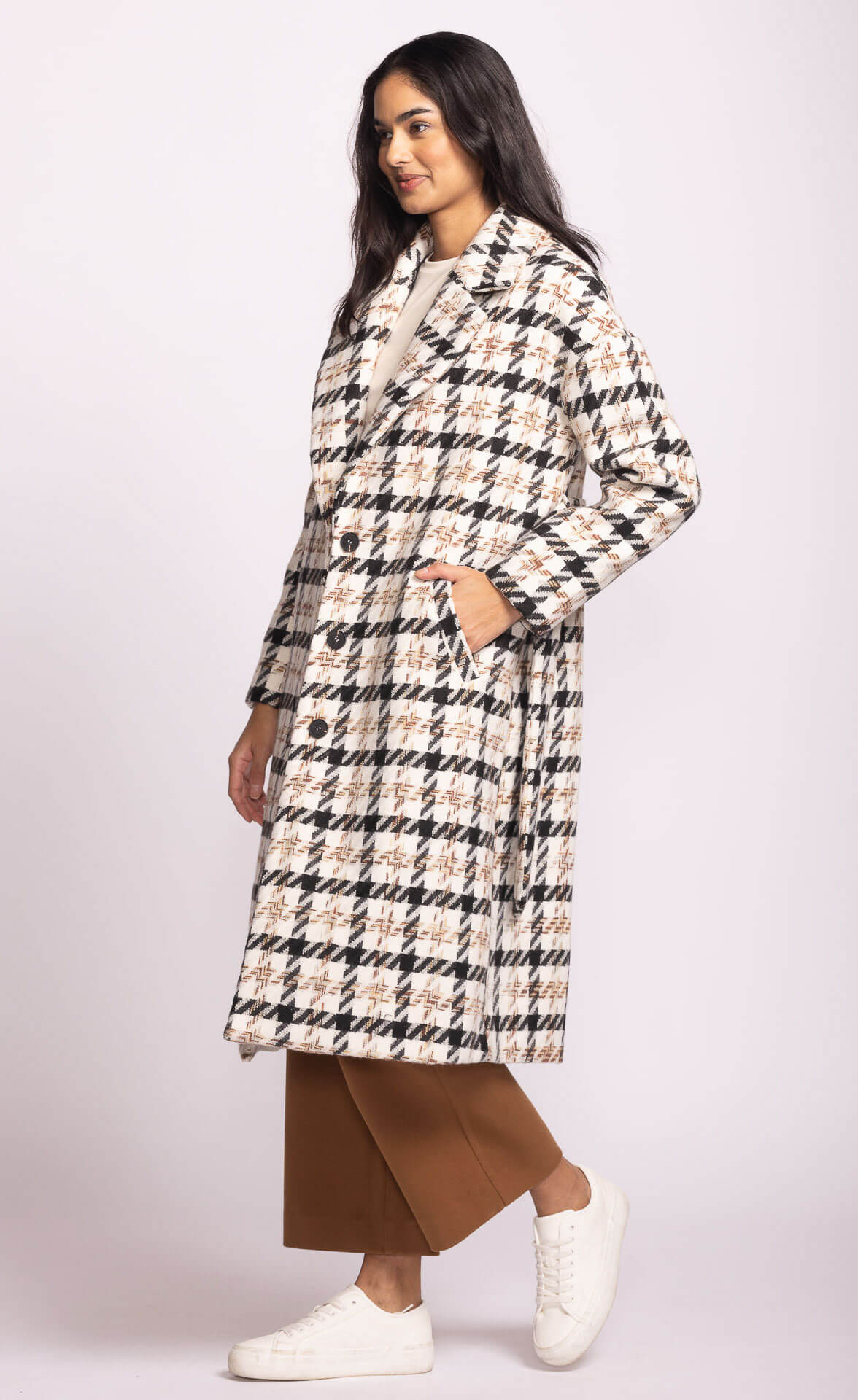 Pink Martini Kendree Coat in black plaid – side view showing length and texture, Lemonberry Boutique.