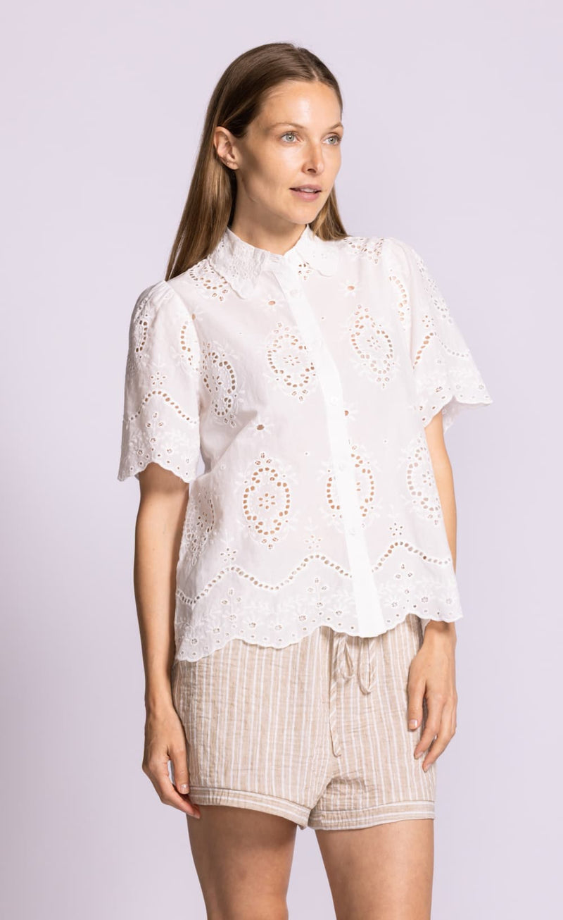 Pink Martini Lily top white eyelet cotton short sleeve blouse front angle view Lemonberry Aurora
