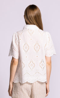 Pink Martini Lily top white eyelet cotton short sleeve blouse back view Lemonberry Aurora