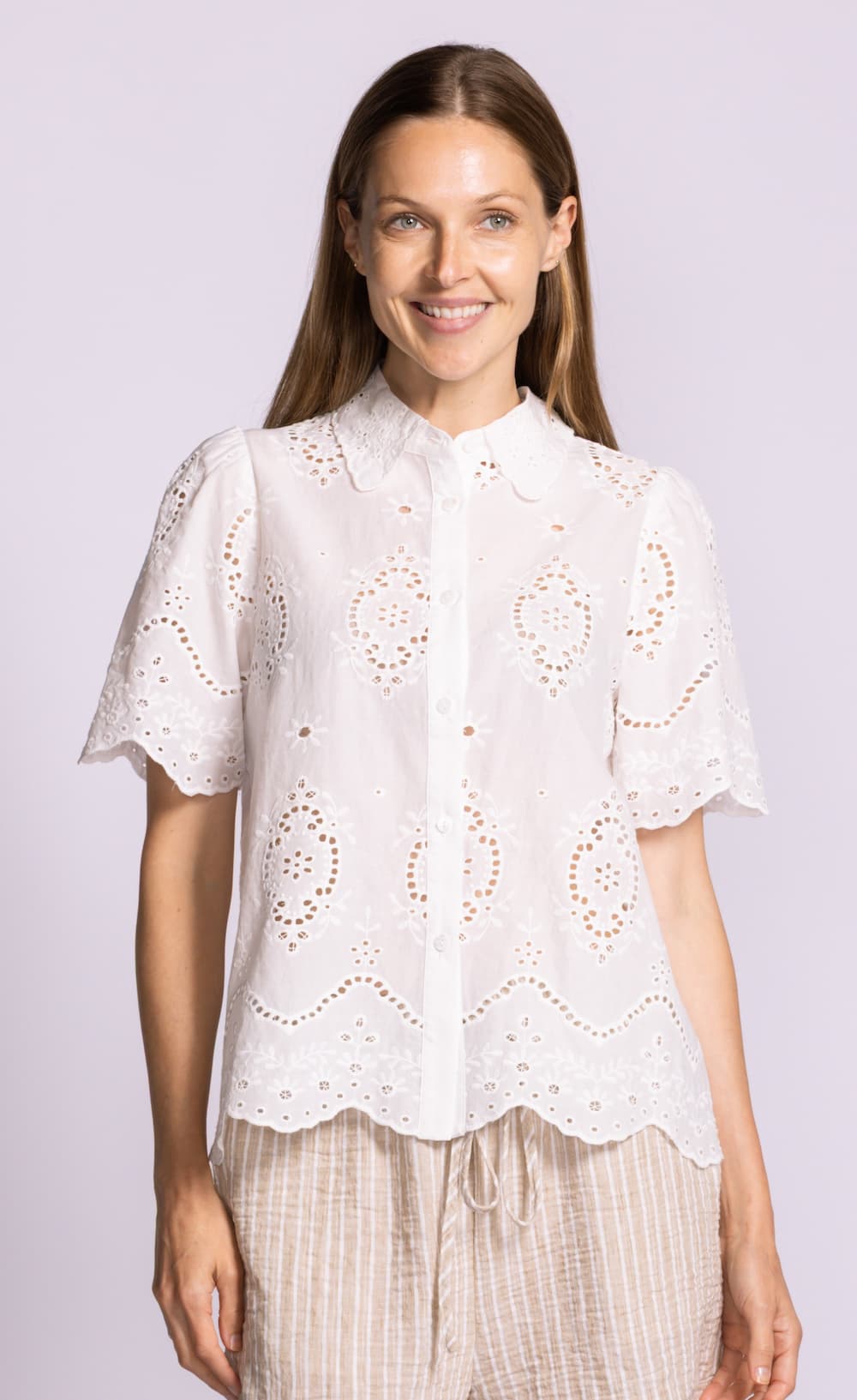 Pink Martini Lily top white eyelet cotton short sleeve blouse front view Lemonberry Aurora