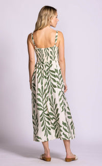 Pink Martini Magnolia Dress green leaf print midi dress back view Lemonberry Aurora