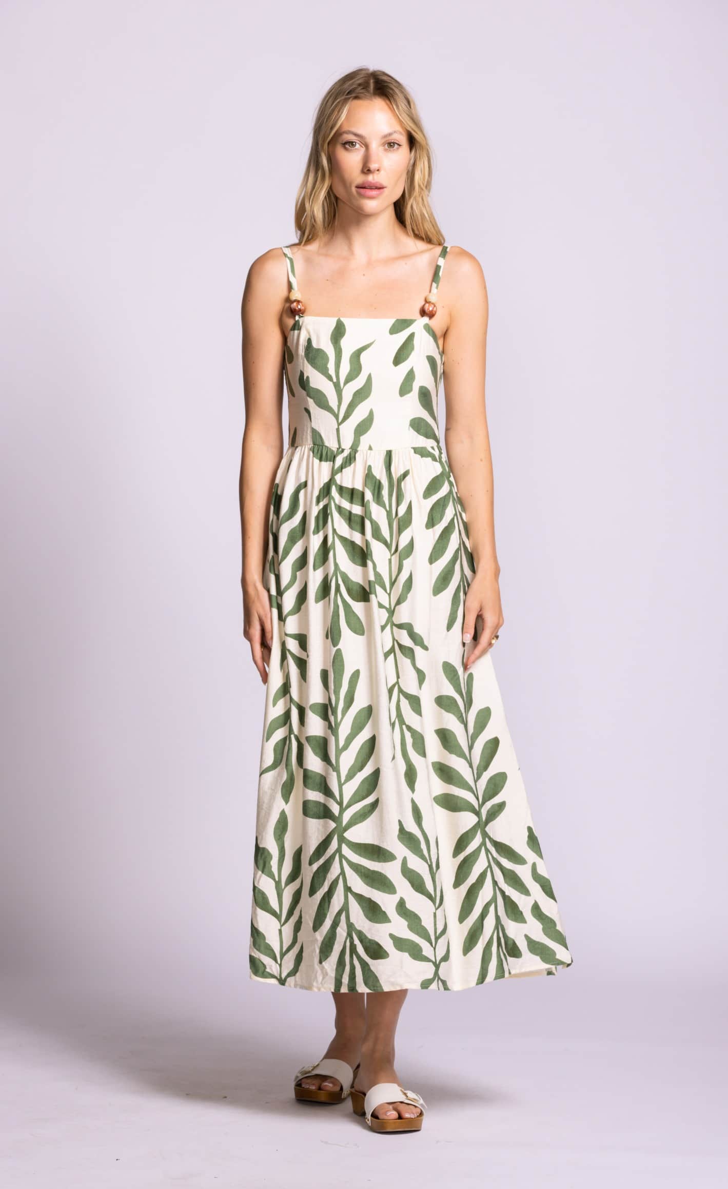 Pink Martini Magnolia Dress green leaf print midi dress front view Lemonberry Aurora