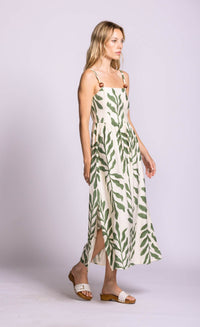 Pink Martini Magnolia Dress green leaf print midi dress side view Lemonberry Aurora