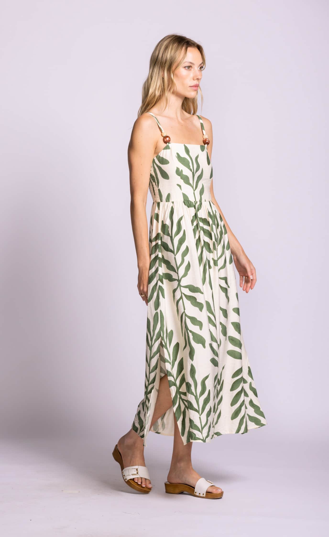 Pink Martini Magnolia Dress green leaf print midi dress side view Lemonberry Aurora