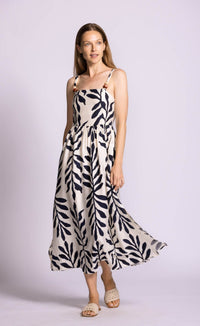 Pink Martini Magnolia Dress navy leaf print midi dress angled-front view Lemonberry Aurora