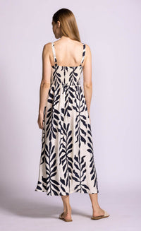 Pink Martini Magnolia Dress navy leaf print midi dress back view Lemonberry Aurora